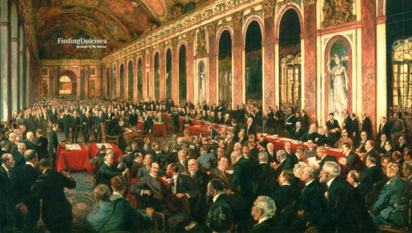 Painting of Treaty of Versailles being joined by the world leaders